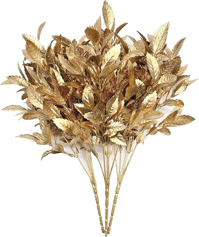 CATTREE Christmas Artificial Plants, Plastic Leaves Fake Grass Faux Shrubs Bushes for Home Indoor Outdoor Garden Leaf Wedding Festival Decoration Hall Table Golden Planter Filler - Gold 3 Pack