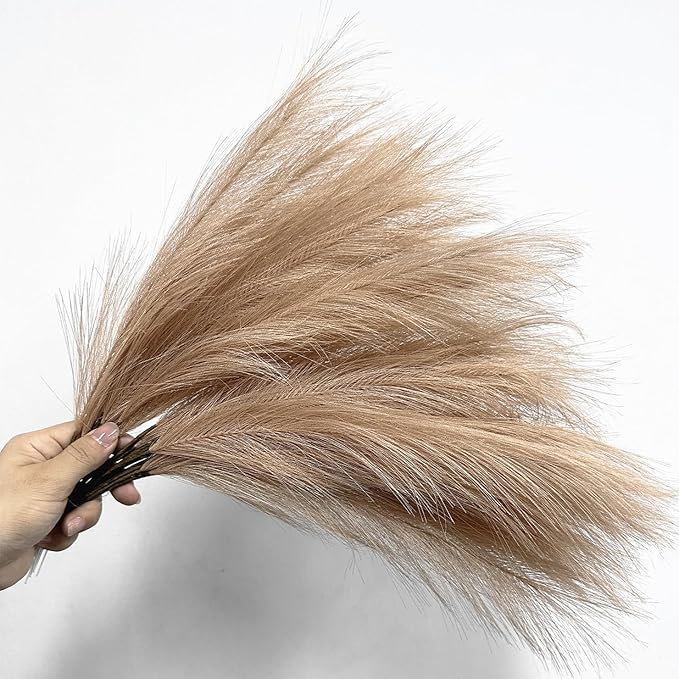 Faux Pampas Grass Plants Artificial Reeds Decoration Set of 28 Stems 17” Fake Florals Bulrush Fluffy Beige Branches for Boho Home Wedding Party Vase Fillers Christmas DIY Feathers Décor - Khaki 28 Pcs