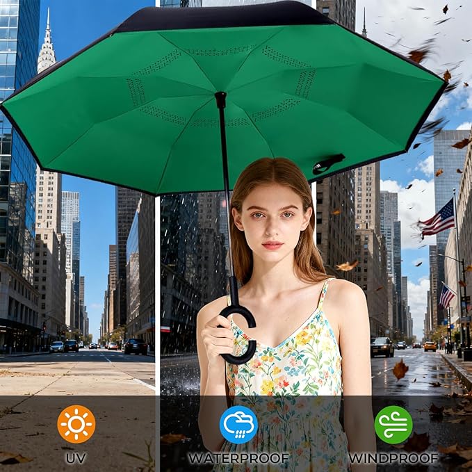 Inverted Umbrella, 49 Inch Double-Layer Vented Reverse Umbrella, Windproof Waterproof UV Protection, Lightweight C-Handle, Fiberglass Ribs, Steel Shaft, Travel/Commute/Car Use, With Sleeve