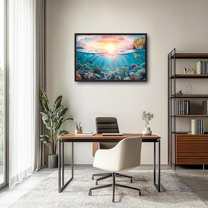 Ocean Fish Large Wall Art Framed Wall Decor for Living Room, Ocean Sunset Pictures Oversized Canvas Print Painting Modern Extra Large Framed Artwork for Bedroom Office Home Decor 36"x24"