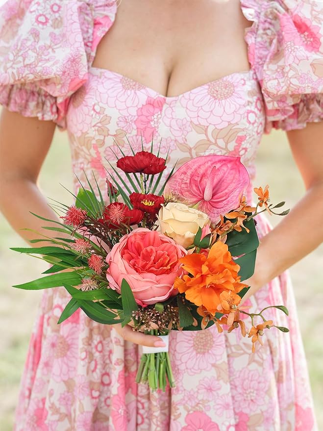Rinlong 1Pc Tropical Flowers Wedding Bouquets for Bridesmaids Bride Orange Pink Bridesmaid Bridal Bouquet for Beach Wedding Prom