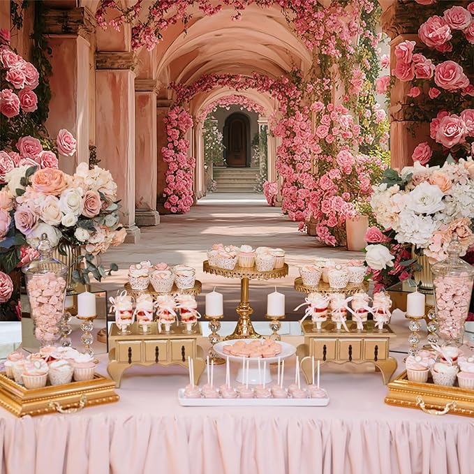 Baocicco 7x5ft Pink Flowers Backdrops for Photoshoot Rose Arch Corridor European Carving Wall Photo Background for Women Bridal Shower Birthday Marriage Valentines Mothers Day Backdrop Decorations