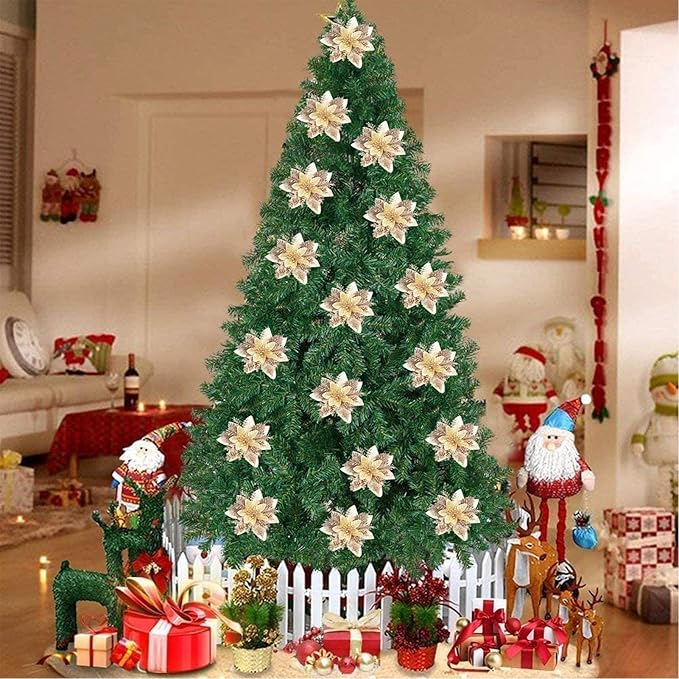 15Pcs Christmas Poinsettia Artificial Flowers Decorations, Glitter Poinsettia Christmas Tree Ornaments, Champagne Tree Flowers for Xmas/Holiday/Wreath/Garland Decor, with Cilps, 5.5 Inch