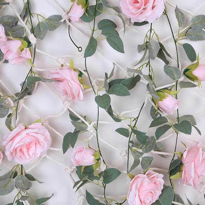 TELDRASSIL 4Pcs(26 FT) Artificial Rose Vine Fake Flower Garland Fake Silk Rose Hanging Vine for Wedding Party Background Arch Garden Background Decoration (Pink)