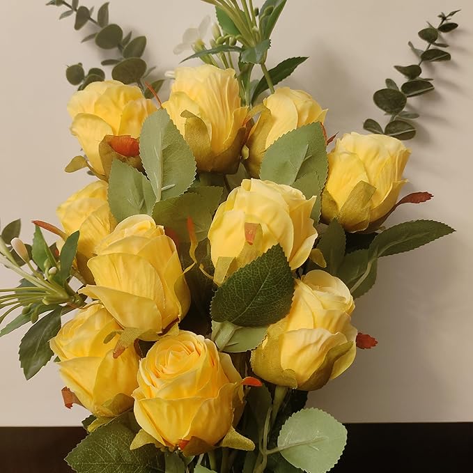 Artificial Roses 10 Pcs - Lifelike Single Stem Fake Roses with Natural Petal Texture,Fade-Resistant Silk Flowers for Wedding Decor,Home Vase Arrangements,Party Centerpieces(10, Yellow)