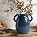 7 Inch Retro Navy Blue Ceramic Vase with Handles, Modern Glazed Blue Vase for Flowers, Farmhouse Vintage Flower Vase Decorative for Home Decor, Table, Counter, Living Room, Bedroom, Entryway