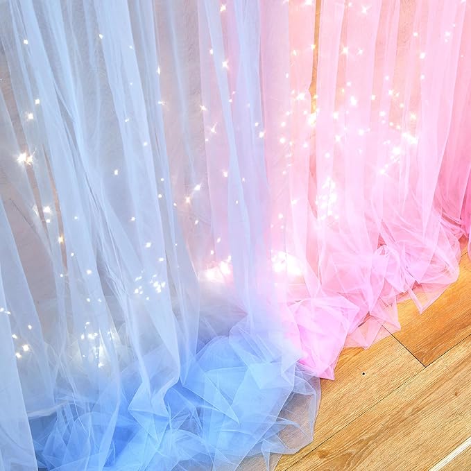 10ft x 10ft Pink Blue Tulle Photo Backdrop Curtain with Lights String for Gender Reveal Sheer Curtain Back Drop Baby Shower Backdrop for Boy or Girls Birthday Party Photo Booth Background Decorations