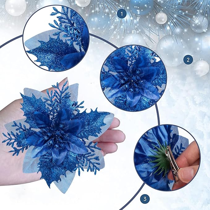 24Pcs Christmas Poinsettia Artificial Flowers and Glitter Berries Kit, 2 Styles Total 16Pcs Christmas Tree Flowers Ornaments, 8Pcs Christmas Tree Picks for Wedding Holiday Decorations, Baby Blue
