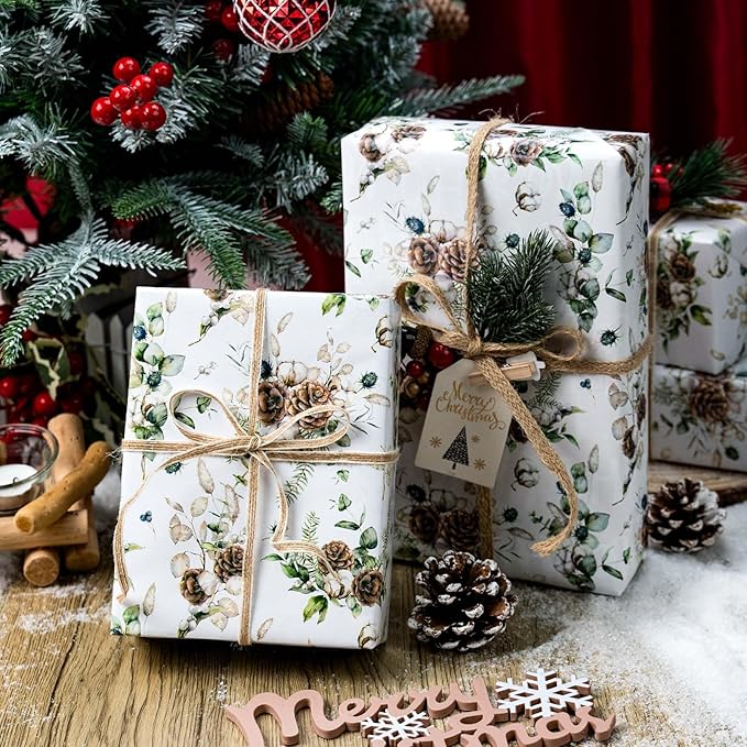 MAYPLUSS Christmas Wrapping Paper Roll - 17 In x 33 Feet - Cute Watercolor Christmas Pinecone Gift Wrap Paper for New Year, Holiday, Kids