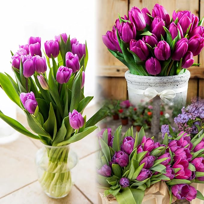 Sggvecsy 30 Pcs Fake Tulips Artificial Flowers Real Touch PU Faux Flowers Tulip Stems for Wedding Spring Bouquet Floral Arrangement Home Party Office Decorations for Mother's Day (Purple)