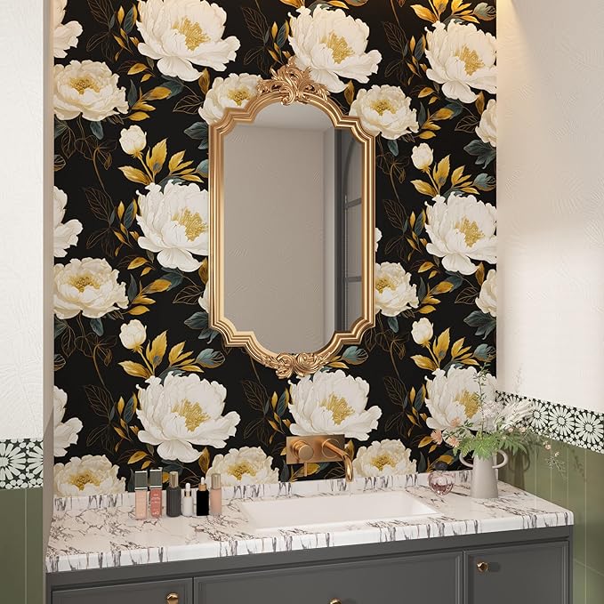 Vintage Dark Floral Wallpaper Peel and Stick, White Peony Flower with Gold Leaf Removable Contact Paper for Bedroom Cabinet Drawer, Boho Botanical Wall Decor Black White Gold 17.5" x 118"