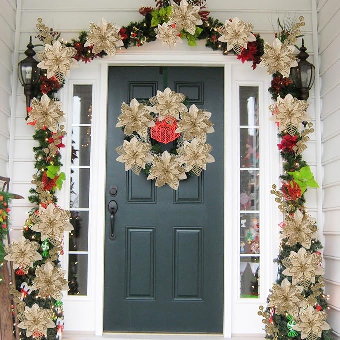 24 Pcs Gold Boxed Christmas Poinsettia Flowers Set, 16 Pcs Artificial Poinsettias with Clips, 8 pcs Glitter Christmas Tree Ornaments Berry Stems for Wedding Home Holiday Xmas New Year Decorations
