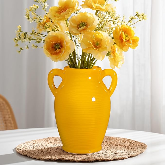 Sunddo Yellow Ceramic Vase 8 Inch - Modern Decorative Vase with 2 Handles for Home Decor, Ideal Centerpiece for Kitchen, Living Room, and Dining Table