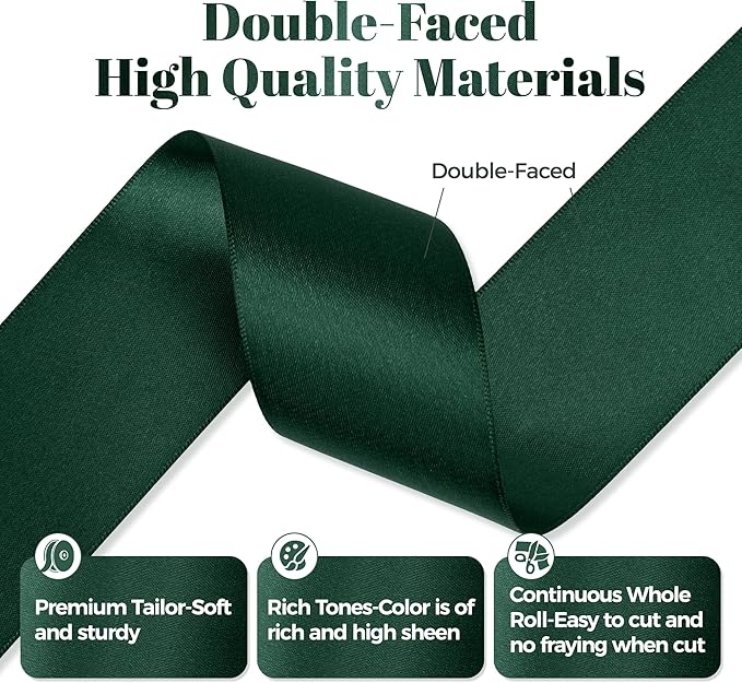 Hunter Green Satin Ribbon, Double Faced 2 Inch X 50 Yards Hunter Green Ribbon, Premium Satin Ribbon for Gift Wrapping, Crafts, Hair Bow Making, Sewing, Flower Bouquet, Wedding Party Decor