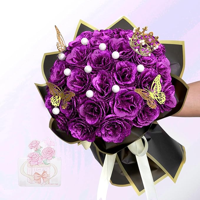 Glitter Roses Bouquet, Shiny Artificial Roses Flowers with Stems DIY Fake Glitter Flowers Bouquet for Valentine's Day, Mother's Day, Anniversary, Graduation, Birthday, Wedding, 24 Roses (Purple)