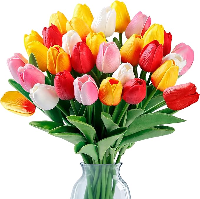 Sggvecsy 15 Pcs Fake Tulips Artificial Flowers Real Touch PU Faux Flowers Tulip Stems for Wedding Spring Bouquet Floral Arrangement Home Party Office Decorations for Mother's Day (Multi Colors)
