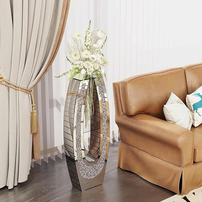 35.82" Tall Mirror Floor Vase, Modern Silver Glass Acrylic Crystal Diamond Flower Vase, Decorative Large Floor Standing Vase for Living Room, Office