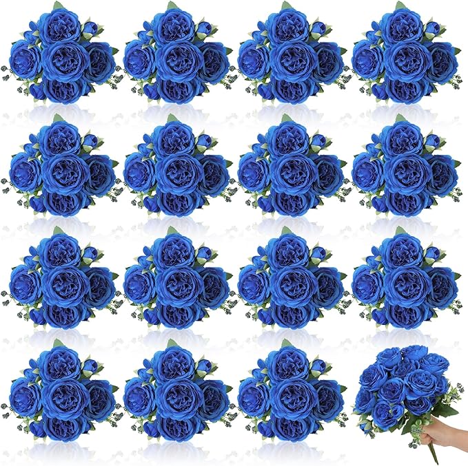 16 Pack Royal Blue Peonies Artificial Flowers,Fake Silk Hydrangea Bouquet for Bridal Wedding Home Table Decor Reusable Dining Opening Ceremony Birthday Arrangement Faux Floral