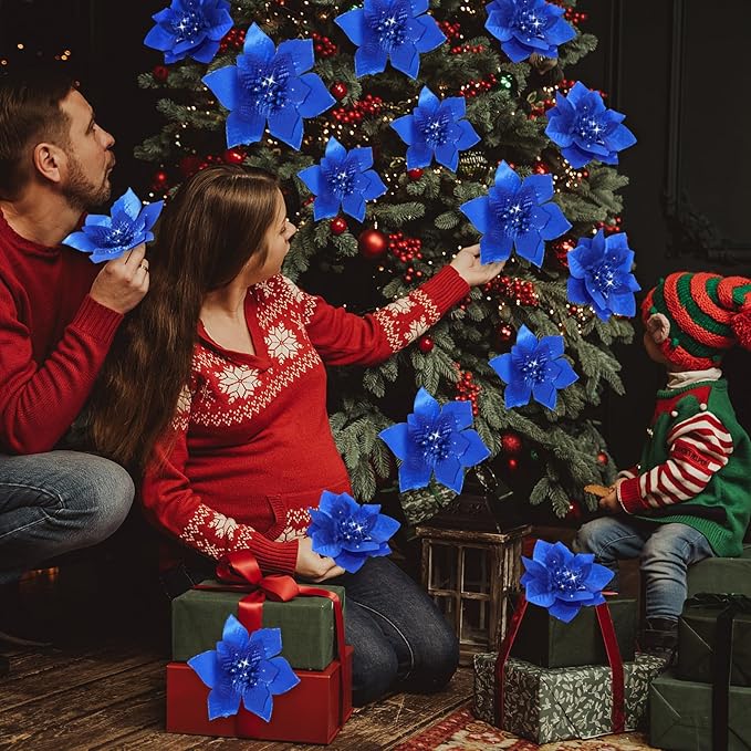 WILLBOND 24 Pcs 3 Size Poinsettia Flower Artificial Christmas Decor Glitter Poinsettia Christmas Ornaments Faux Flowers for Xmas Tree Outdoor(4/6/7.9 Inches,Royal Blue)