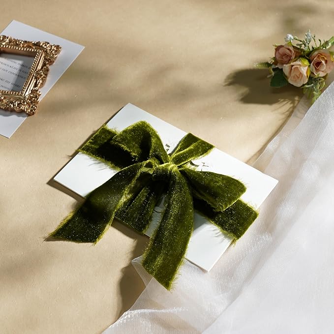 Moss Green Silk Velvet Ribbon 1.5 Inch Rustic Style Raw Edge Olive Green Frayed Edge Fringe Gift Ribbon for Wedding Invitation Bridal Bouquet -3yards