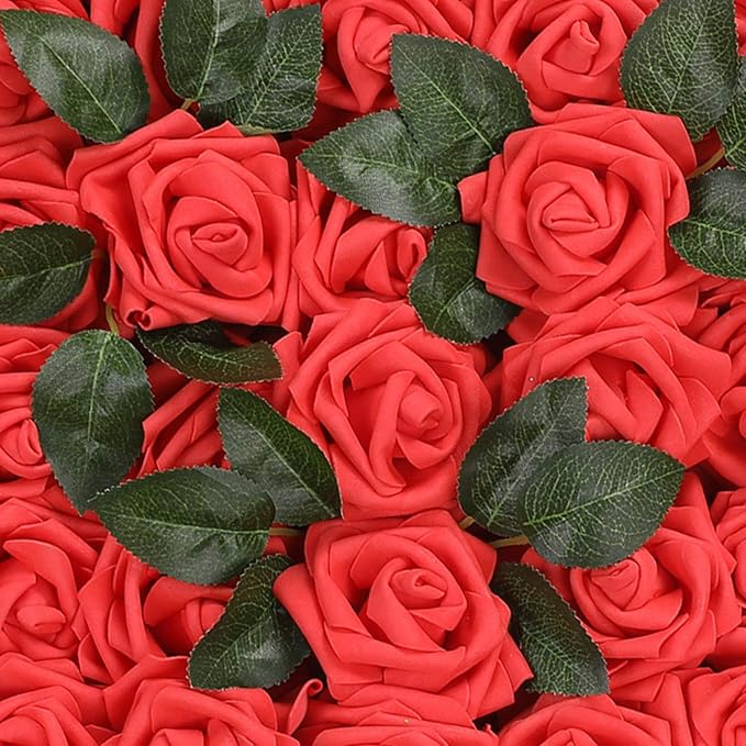 Artificial Rose Flowers 50pcs Red Fake Roses Artificial Foam Roses Real Looking w/Stem for DIY Wedding Bouquets Centerpieces Bridal Shower Party Home Cake Flower Decoration (Classic Red, 50 pcs)