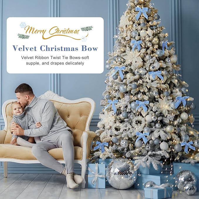 24 Pcs Light Blue Small Velvet Christmas Bows for Christmas Tree, Wreath, Gift Wrapping, Crafts, Wedding, Party, Twist Tie Bows for Treat Bag Bakery Candy Bags, Home Decor 1"W,3.5 x 3.5 inch
