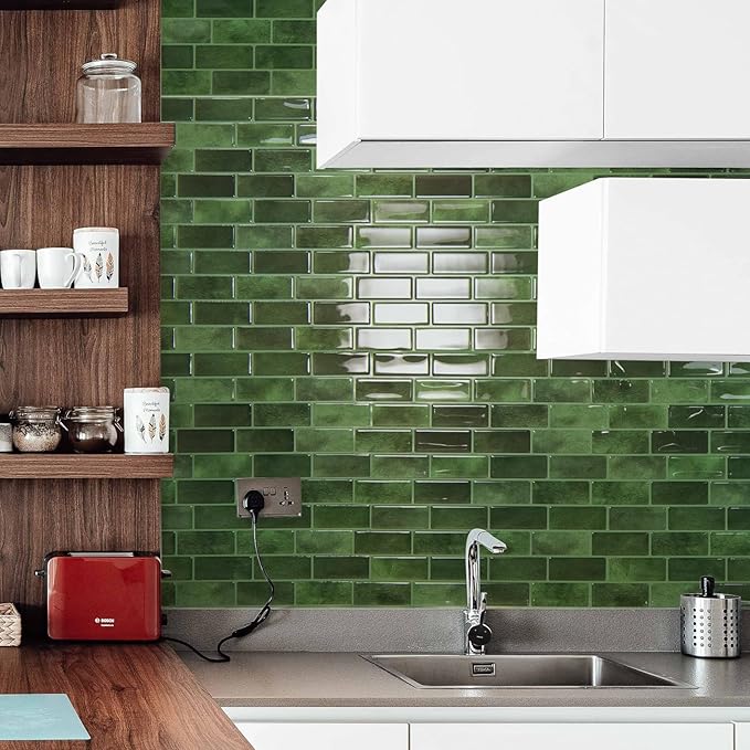 Art3d 10-Sheet Kitchen Backsplash Tiles Peel and Stick, Self Adhesive Wall Tile Sticker for Kitchen Island Bathroom Laundry Room RV Renter 12" x 12" - Jade Green