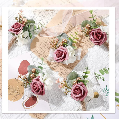12 Pcs Wedding Wrist Corsage and Boutonniere Set Rose Wrist Corsage for Prom Boutonniere for Men Wedding Flowers Accessories Prom Suit Decorations for Wedding Ceremony Anniversary (Dusty Rose)