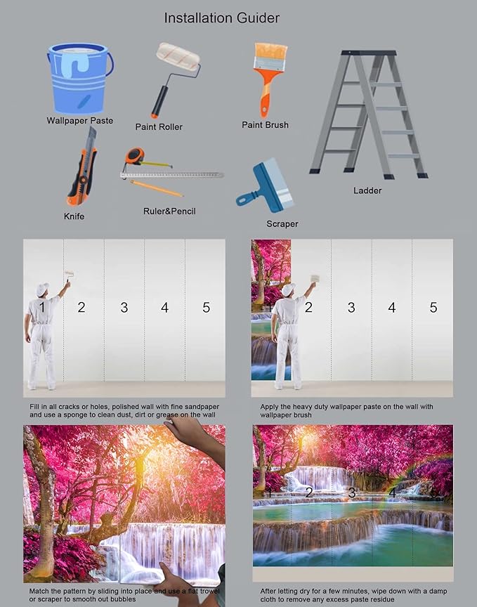 Forest Waterfall Wall Mural Wallpaper Large Nature Scenery Mural for Bedroom Living Room TV Background Sofa Wall（Not Peel and Stick）