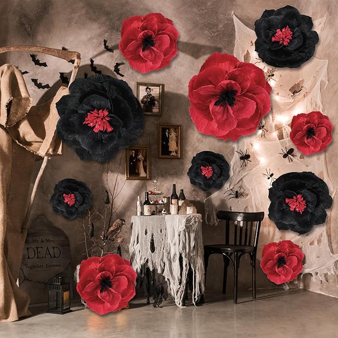Giant Paper Flowers Artificial Large Paper Flower Decoration for Handcrafted Wall Backdrop Christmas Mexican Wedding Graduation Bridal Shower Birthday Party Supplies(Wine Red and Black,12 Pcs)