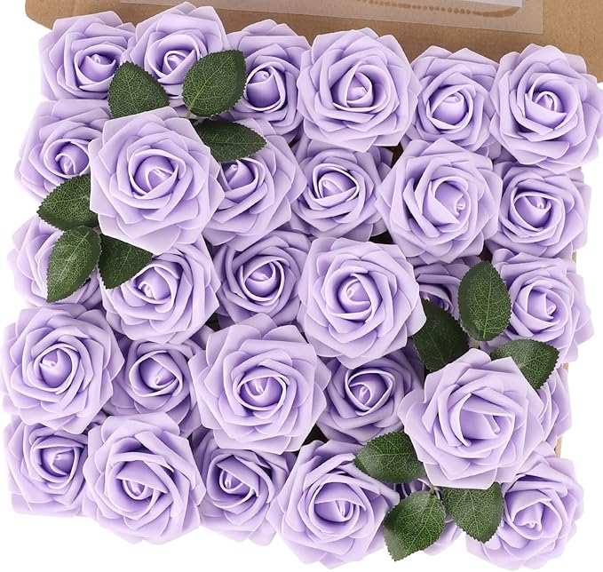 MACTING Artificial Lavender Flowers 30PCS Real Touch Fake Flowers with Stem Soft Foam Roses for Valentines Day Gifts DIY Wedding Bouquet Boutonniere Table Centerpieces Party Spring Home Decorations