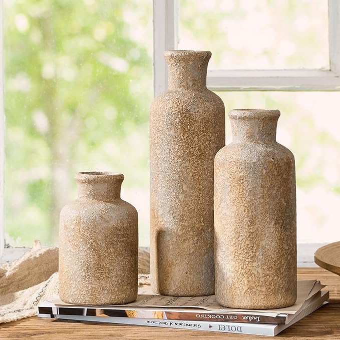 LUKA Ceramic Rustic Farmhouse Vase Set of 3,Terracotta Vases for Decor,Antique Vase for Your Bedroom,Office,Living Room,Fireplace,Bookshelf Decor,Housewarming (10+7.5+5 Inch)