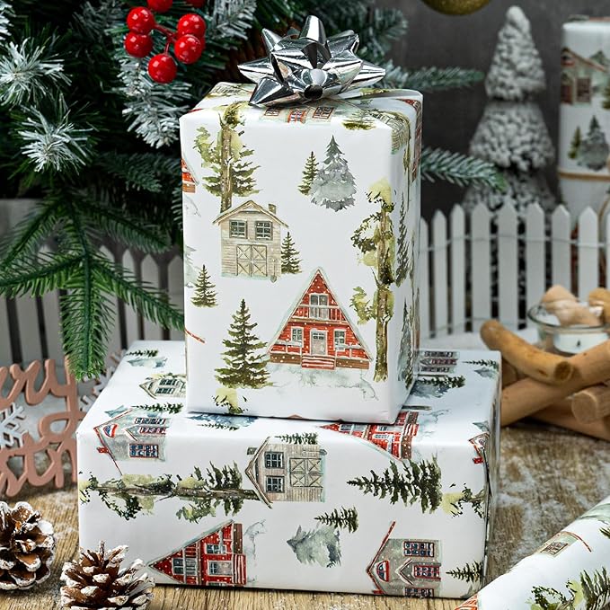 MAYPLUSS Christmas Wrapping Paper Roll - 17 In x 33 Feet - Cute Watercolor Christmas Tree Log Cabin Gift Wrap Paper for New Year, Holiday, Kids