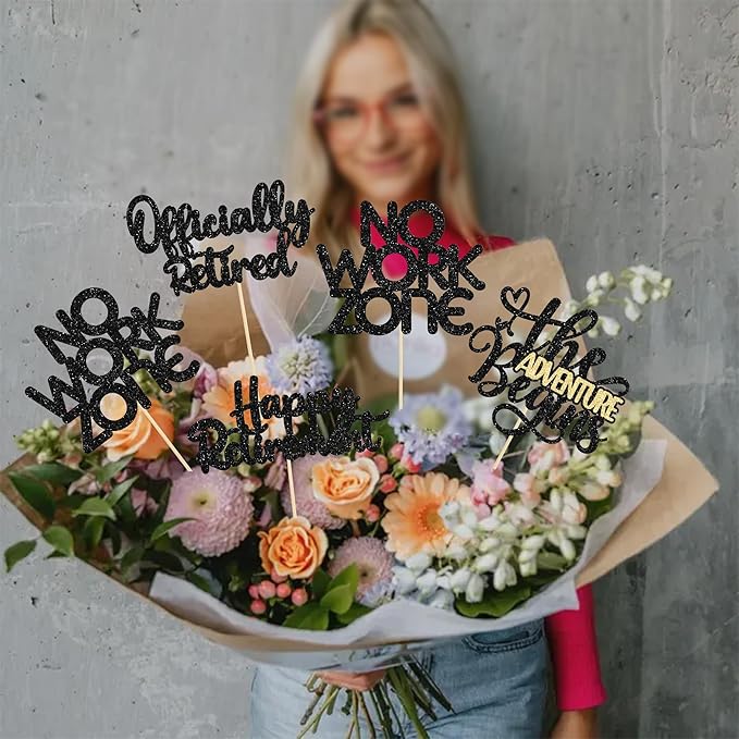 Ephlyn 16Pcs Happy Retirement Centerpiece Sticks Officially Retired Table Flower Centerpieces Sticks No Work Zone Floral Decorations for Farewell Birthday Party Centerpieces Supplies Black