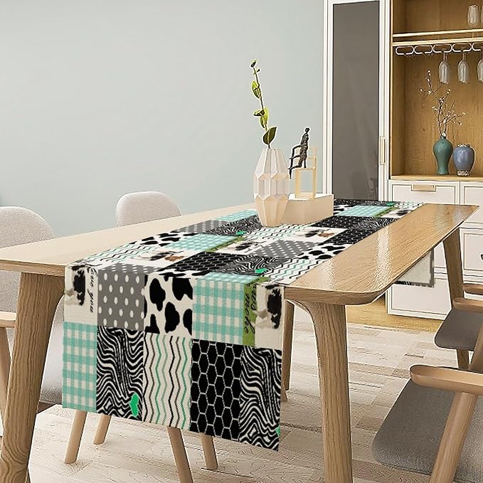 Cute Cow Print Table Runner,Farm Animals Honeycomb Plaid Stripes Cowhide Pattern Tablecloth Burlap for Hotel Indoors Outdoor Dining Room Kitchen Table Decor, 13x80in