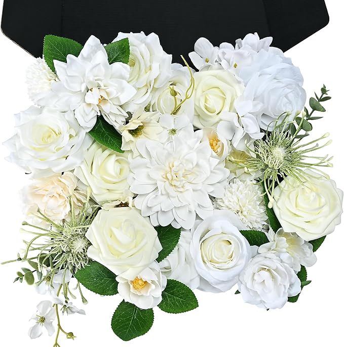 Artificial Flowers Combo Box, Fake Silk Foam Flower Mix with Wire Stem, DIY Wedding Bridal Bouquet Shower Party Home Décor (30-40 Pieces) (White)