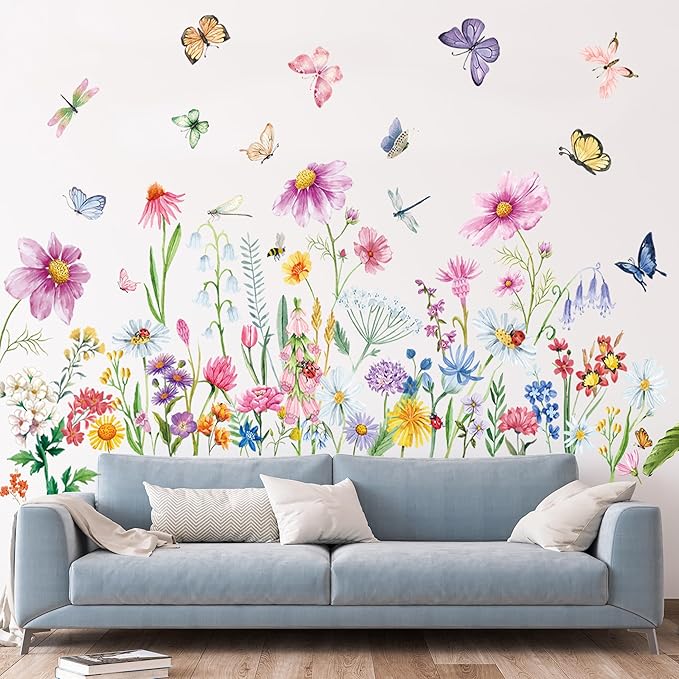 9 Pcs Flowers Wall Decals Peel and Stick, Colorful Wildflower Dragonflies Floral Wall Stickers for Living Room Bedroom Baby Nursery