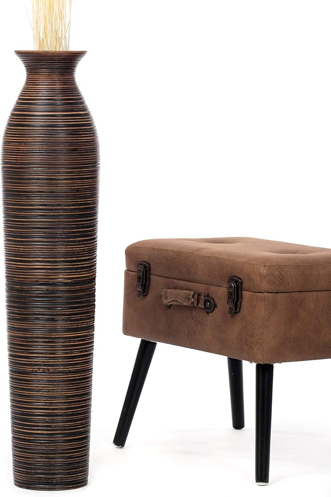 Leewadee Large Brown Home Decor Floor Vase - Wooden 34 inch Tall Farmhouse Decor Flower Holder for Fake Plant and Pampas Grass