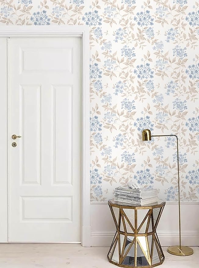 Heroad 17.3''x32.8ft Boho Floral Wallpaper Blue/Beige Peel and Stick Wallpaper Neutral Leaf Contact Paper Removable Self Adhesive Wall Paper for Cabinet Bedroom Bathroom Waterproof Decor Vinyl Roll