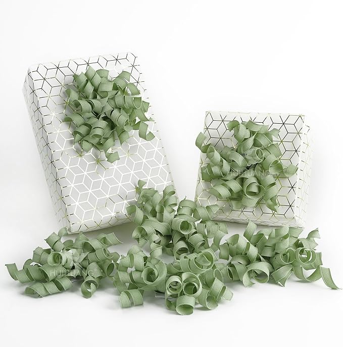 HUIHUANG Sage Green Bows for Gift Wrapping, Sage Curly Ribbon Bows Self Adhesive Burst Gift Bow for Presents, Wine Bottle, Treat Bags, Wrap Accessories, Bridal Shower Wedding Party Favor - 6 Counts