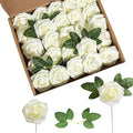 Artificial Flower Foam Rose 25pcs Real Looking Fake Rose with Stems Leaves for Home Decoration Party Garden Centerpieces DIY Wedding Bouquets（Ivory White）