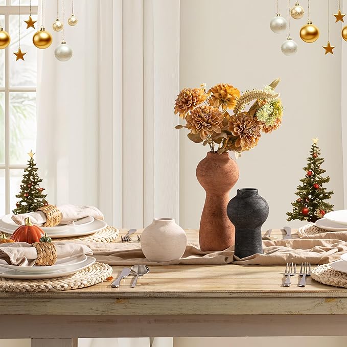 Ceramic Vase Home Table Decor - Flower Vase Set of 3 Living Room Kitchen Decorations Farmhouse Modern Rustic Vases Decorative Centerpiece for Shelf Bedroom Office Bathroom Dining Coffee Desk
