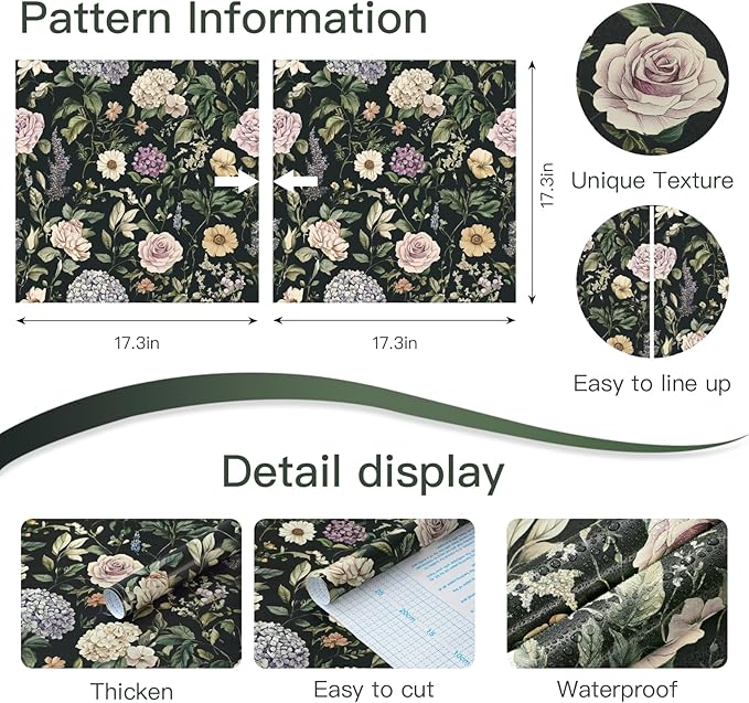 HeloHo Vintage Floral Peel and Stick Wallpaper Boho Contact Paper Dark Flower Self-Adhesive Removable Wallpaper Renter Friendly Botanical Wall Paper for Cabinets Bedroom Vinyl Rolls 17.3"x78.7"