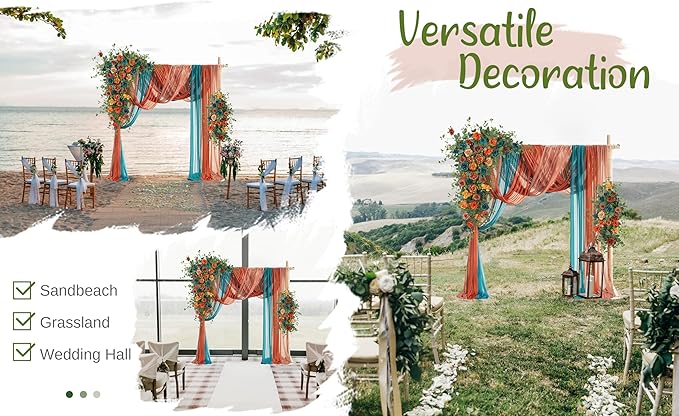 Wedding Arch Flowers with Drapes Kit (Pack of 5) - 2pcs Artificial Teal Orange Fall Deluxe Swag with 3pcs Sheer Drapes for Wedding Ceremony Arbor Reception Backdrop Rose Floral Decoration