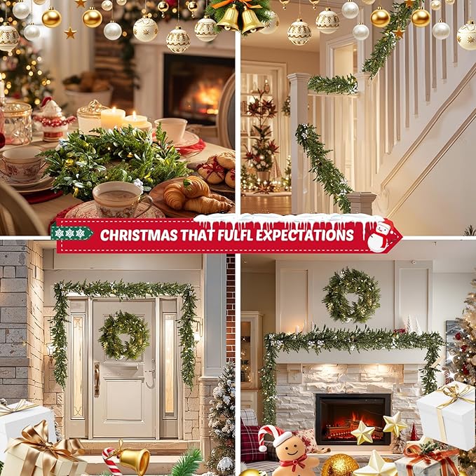 6FT Christmas Garland – Artificial Greenery Olive Garland with White Berries, Pinecones & 20 Warm LED Timer Lights – Holiday Garland for Home, Wedding, Party Decorations