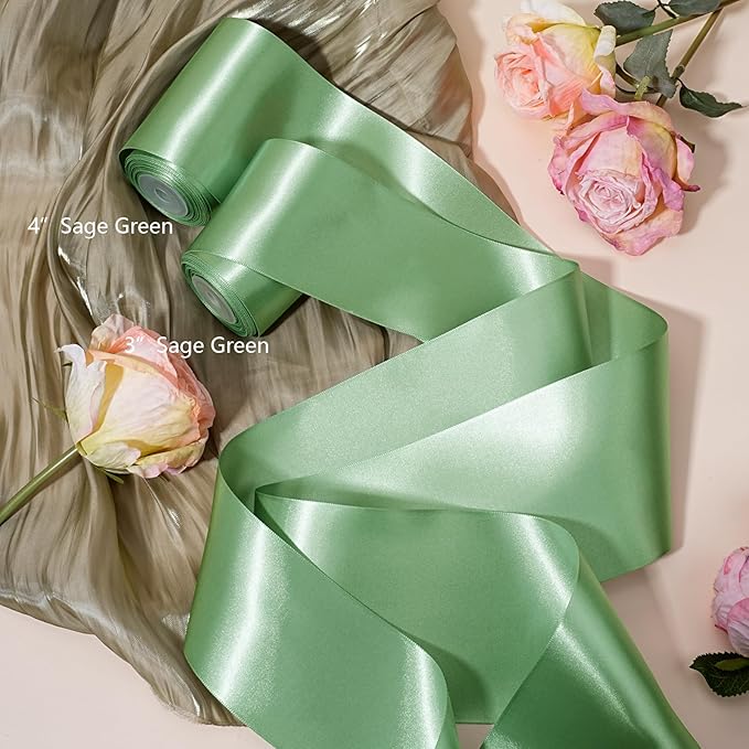LaRibbons Sage Green Satin Ribbon 4 Inch 10 Yards Double Faced Luxury Light Green Silk Ribbon for Gift Wrapping Flower Bouquets Bow Christmas Wedding Party Decoration