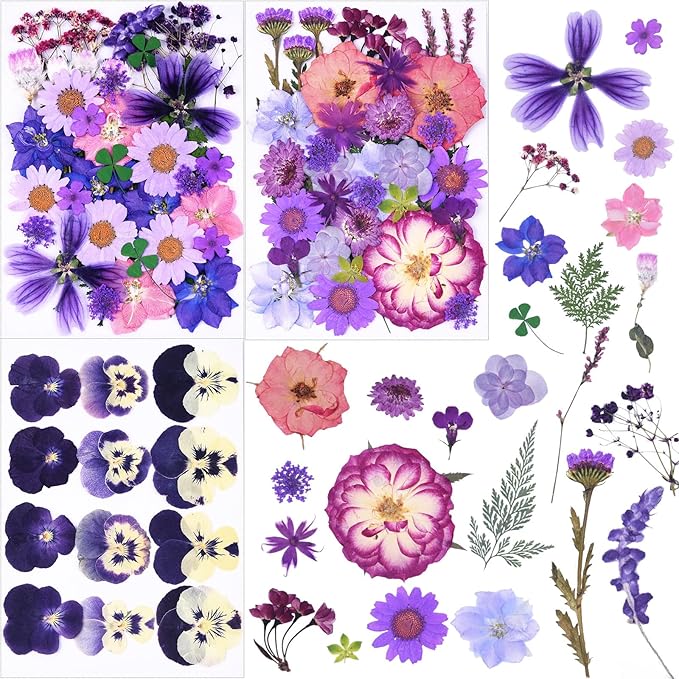 113Pcs Purple Dried Pressed Flowers for Crafts,Xinxinran Dry Flower Kit for Resin Molds,Epoxy Resin Accessories,Bookmark,Nails, Jewelry Molds,Candle Making Supplies,Soap,Frame,Cakes