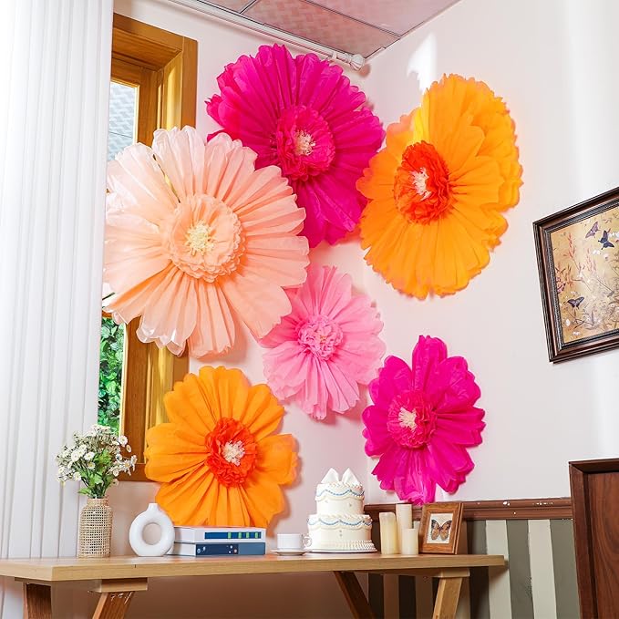 Giegxin 6 Pcs 31.5 " 24 " Rose Red Tangerine Giant Paper Flowers Extra Large Floral Tissue Paper Flowers Floral Decoration for Christmas Mexican Fiesta Wall Wedding Bridal Shower Birthday Decor