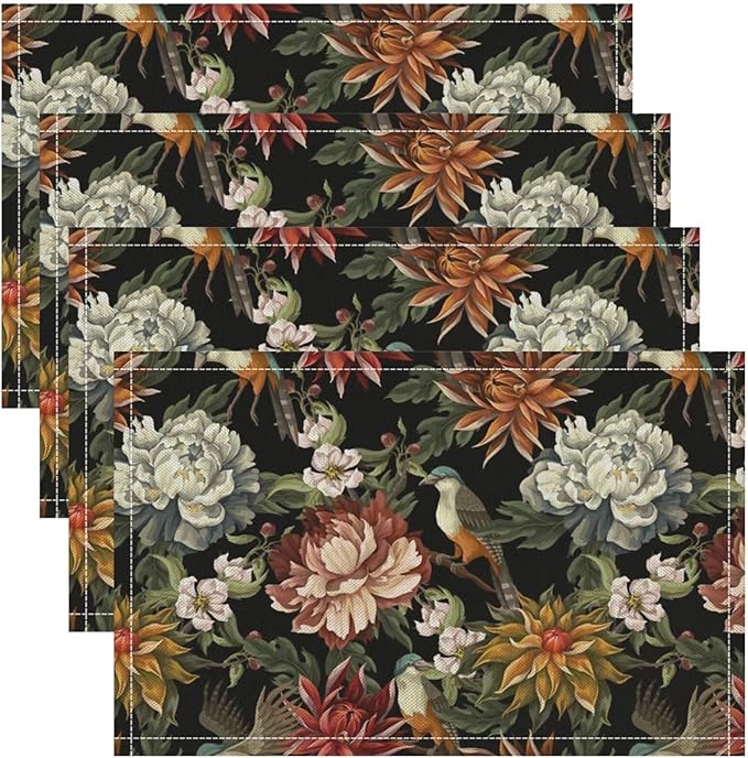Vintage Floral Placemats Set of 4, 17x12 Inch Colorful Flowers Birds Green Leaves Black Retro Aesthetic Art Print Table Mats for Home Party Kitchen Dining Decor