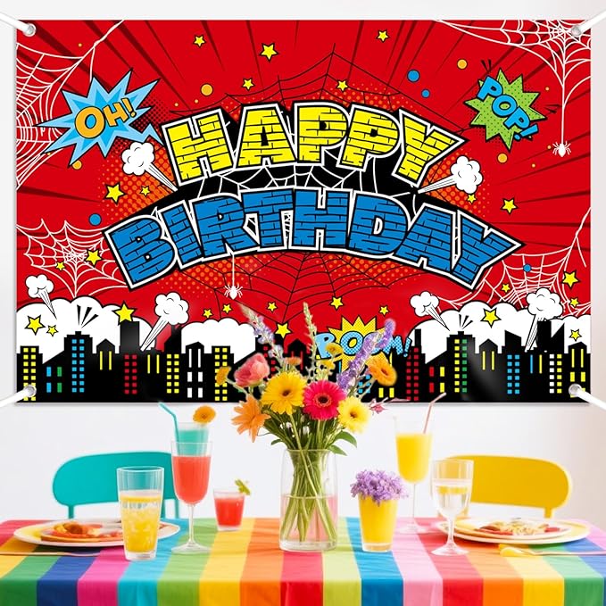 Spider Birthday Backdrop, 150x100cm/5x3ft Red Polyester Large Spider Web Happy Birthday Banner Backdrop for Boys Girls Themed Party Decorations & Photo Booth Props